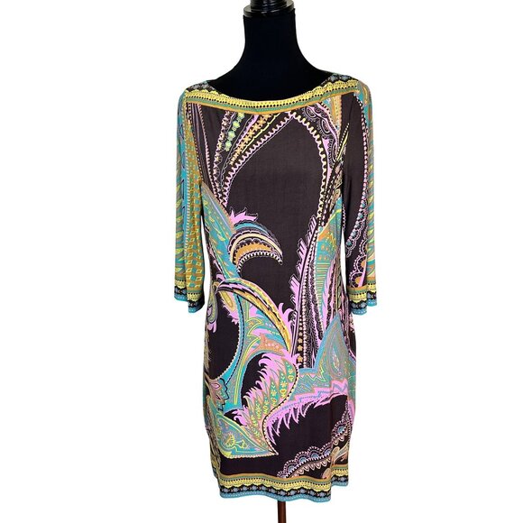 Womens Paisley Tunic Dress Beige By Eci 8 Retro Style Medium Brown Pink Shift - Picture 1 of 11